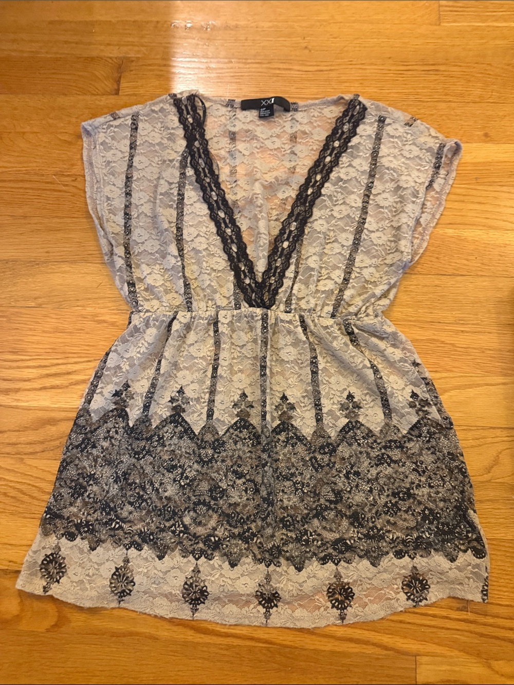 Forever 21 Beige Tunic with Black Lace Trim